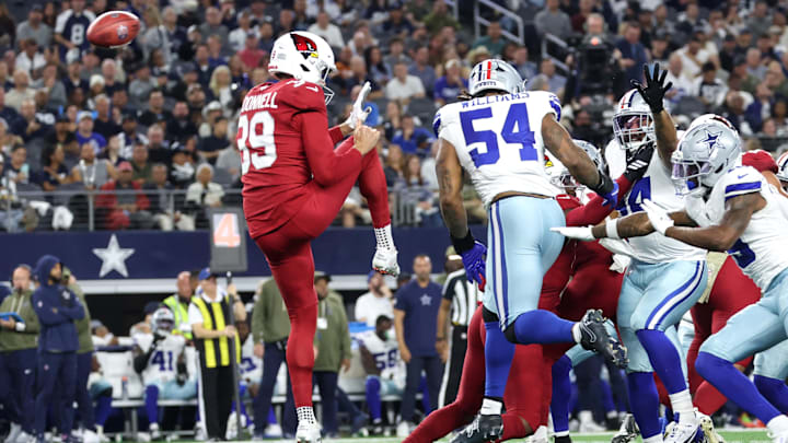 Nov 3, 2025; Arlington, Texas, USA; Dallas Cowboys defensive end Sam Williams (54) blocks a punt by Arizona Cardinals punter Pat O'Donnell (39) in the first half at AT&T Stadium. Mandatory Credit: Kevin Jairaj-Imagn Images Nov 3, 2025; Arlington, Texas, USA; Dallas Cowboys defensive end Sam Williams (54) blocks a punt by Arizona Cardinals punter Pat O'Donnell (39) in the first half at AT&T Stadium. Mandatory Credit: Kevin Jairaj-Imagn Images