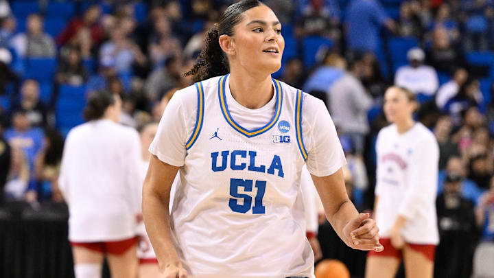 UCLA Bruins center Lauren Betts (51) during pregame warmups before an NCAA Tournament second round game against the Richmond Spiders at Pauley Pavilion presented by Wescom.