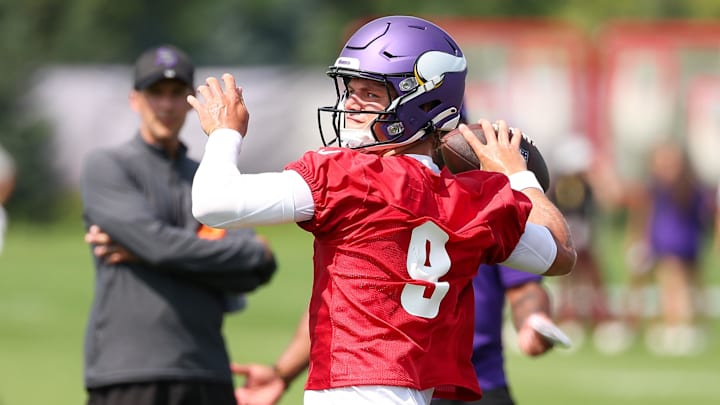 Jul 29, 2025; Eagan, MN, USA; Minnesota Vikings quarterback J.J. McCarthy (9) takes part in drills during the teams training camp at the Minnesota Vikings Training Facility. Mandatory Credit: Matt Krohn-Imagn Images