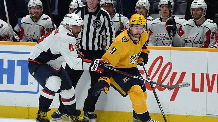 Dec 16, 2023; Nashville, Tennessee, USA; Nashville Predators left wing Filip Forsberg (9) draws a slashing penalty on Washington Capitals left wing Alex Ovechkin (8) during the third period at Bridgestone Arena. Mandatory Credit: Christopher Hanewinckel-USA TODAY Sports Dec 16, 2023; Nashville, Tennessee, USA; Nashville Predators left wing Filip Forsberg (9) draws a slashing penalty on Washington Capitals left wing Alex Ovechkin (8) during the third period at Bridgestone Arena. Mandatory Credit: Christopher Hanewinckel-USA TODAY Sports