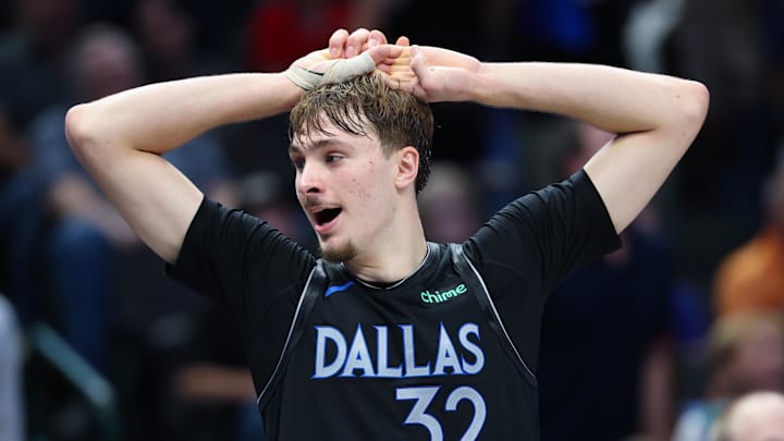 Nov 16, 2025; Dallas, Texas, USA; Dallas Mavericks forward Cooper Flagg (32) reacts during the second half against the Portland Trail Blazers at American Airlines Center. Mandatory Credit: Kevin Jairaj-Imagn Images