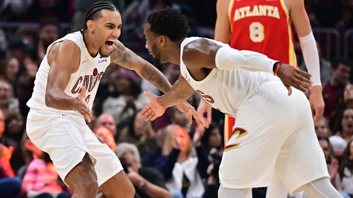 Nov 2, 2025; Cleveland, Ohio, USA; Cleveland Cavaliers guard Jaylon Tyson (20) celebrates with Cleveland Cavaliers guard Donovan Mitchell (45) during the first half against the Atlanta Hawks at Rocket Arena. Mandatory Credit: Ken Blaze-Imagn Images Nov 2, 2025; Cleveland, Ohio, USA; Cleveland Cavaliers guard Jaylon Tyson (20) celebrates with Cleveland Cavaliers guard Donovan Mitchell (45) during the first half against the Atlanta Hawks at Rocket Arena. Mandatory Credit: Ken Blaze-Imagn Images