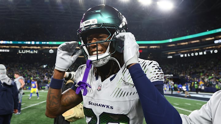 Dec 18, 2025; Seattle, Washington, USA; Seattle Seahawks wide receiver Rashid Shaheed (22) celebrates after defeating the Los Angeles Rams in overtime at Lumen Field.