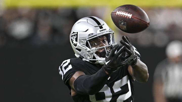 Aug 17, 2024; Paradise, Nevada, USA; Las Vegas Raiders wide receiver Ramel Keyton (82) misses a pass against the Dallas Cowboys in the fourth quarter at Allegiant Stadium. Mandatory Credit: Candice Ward-Imagn Images Aug 17, 2024; Paradise, Nevada, USA; Las Vegas Raiders wide receiver Ramel Keyton (82) misses a pass against the Dallas Cowboys in the fourth quarter at Allegiant Stadium. Mandatory Credit: Candice Ward-Imagn Images