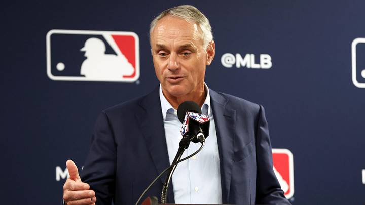 Feb 15, 2024; Tampa, FL, USA; MLB commissioner Rob Manfred talks with media at George M. Steinbrenner Field. Mandatory Credit: Kim Klement Neitzel-Imagn Images