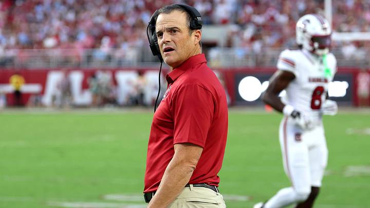 Sep 26, 2026; Tuscaloosa, Alabama, USA;  South Carolina Gamecocks head coach Shane Beamer reacts to a play during the first quarter against the Alabama Crimson Tide at Saban Field at Bryant-Denny Stadium.  Mandatory Credit: David Leong-Imagn Images
