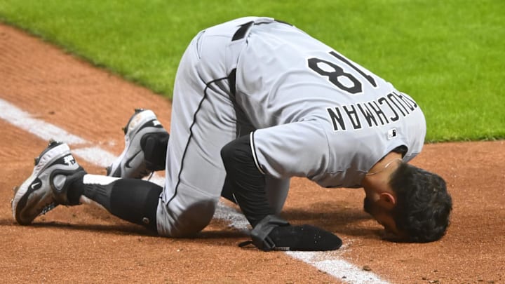 Chicago White Sox right fielder Mike Tauchman (18) after being tagged out at home to end Wednesday's game against the Cleveland Guardians at Progressive Field. 