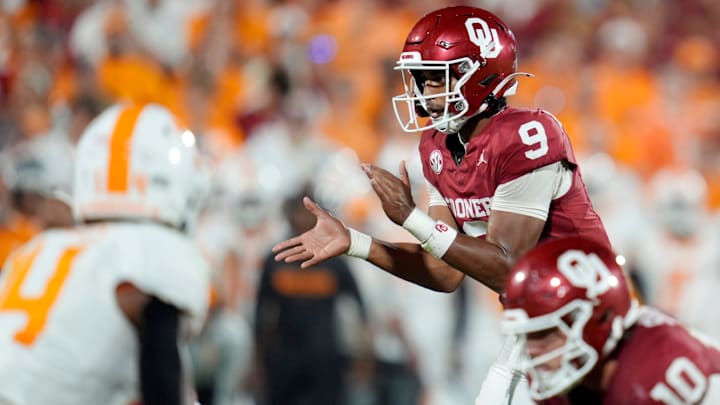 Oklahoma Sooners quarterback Michael Hawkins Jr. (9) during a college football game between the University of Oklahoma Sooners (OU) and the Tennessee Volunteers at Gaylord Family - Oklahoma Memorial Stadium in Norman, Okla., Saturday, Sept. 21, 2024. Oklahoma Sooners quarterback Michael Hawkins Jr. (9) during a college football game between the University of Oklahoma Sooners (OU) and the Tennessee Volunteers at Gaylord Family - Oklahoma Memorial Stadium in Norman, Okla., Saturday, Sept. 21, 2024.