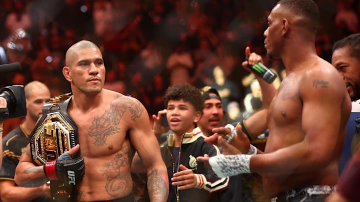 Apr 13, 2024; Las Vegas, Nevada, USA; Alex Pereira (red gloves) reacts after defeating Jamahal Hill