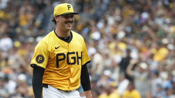 Jun 23, 2024; Pittsburgh, Pennsylvania, USA;  Pittsburgh Pirates starting pitcher Paul Skenes (30) reacts after pitching the seventh inning against the Tampa Bay Rays at PNC Park. Mandatory Credit: Charles LeClaire-USA TODAY Sports