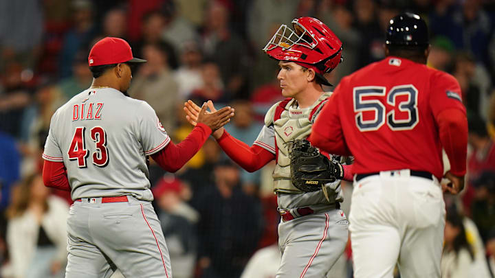 May 30, 2023; Boston, Massachusetts, USA; Cincinnati Reds relief pitcher Alexis Diaz (43) is congratulated by catcher Tyler Stephenson (37) after defeating the Boston Red Sox in nine innings at Fenway Park. Mandatory Credit: David Butler II-Imagn Images