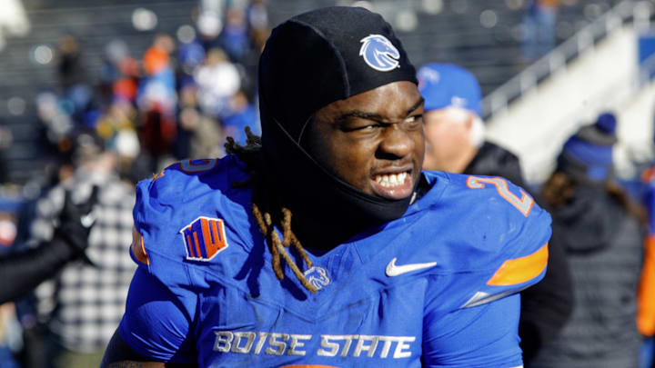 Nov 29, 2024; Boise, Idaho, USA; Boise State Broncos running back Ashton Jeanty (2) after the game against the Oregon State Beavers at Albertsons Stadium.  Boise State defeats Oregon State 34-18. Mandatory Credit: Brian Losness-Imagn Images

