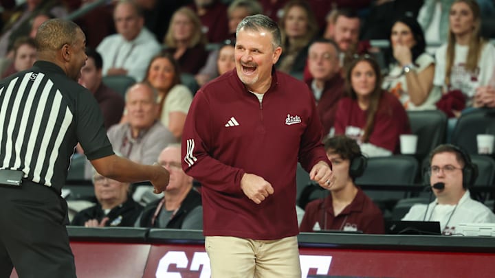 Mar 1, 2025; Starkville, Mississippi, USA; Mississippi State Bulldogs head coach Chris Jans reacts against the LSU Tigers during the second half at Humphrey Coliseum. Mandatory Credit: Wesley Hale-Imagn Images