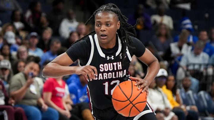 South Carolina's MiLaysia Fulwiley (12) drives to the basket during the game between South Carolina and Memphis in the Hoops for St. Jude Tip Off Classic at FedExForum on Tuesday, October 15, 2024. South Carolina's MiLaysia Fulwiley (12) drives to the basket during the game between South Carolina and Memphis in the Hoops for St. Jude Tip Off Classic at FedExForum on Tuesday, October 15, 2024.