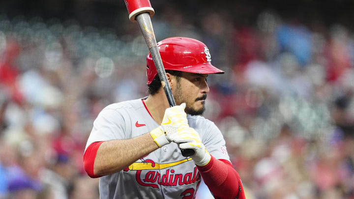 Jul 22, 2025; Denver, Colorado, USA; St. Louis Cardinals third baseman Nolan Arenado (28) on deck in the first inning against the Colorado Rockies at Coors Field. Mandatory Credit: Ron Chenoy-Imagn Images