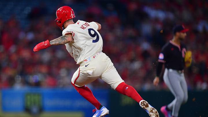Aug 24, 2026; Anaheim, California, USA; Los Angeles Angels shortstop Zach Neto (9) rounds second against the Cleveland Guardians during the fourth inning at Angel Stadium. Mandatory Credit: Gary A. Vasquez-Imagn Images