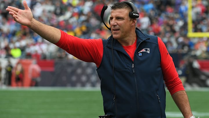 Sep 7, 2025; Foxborough, Massachusetts, USA; New England Patriots head coach Mike Vrabel reacts against the Las Vegas Raiders during the first half at Gillette Stadium. Mandatory Credit: Bob DeChiara-Imagn Images