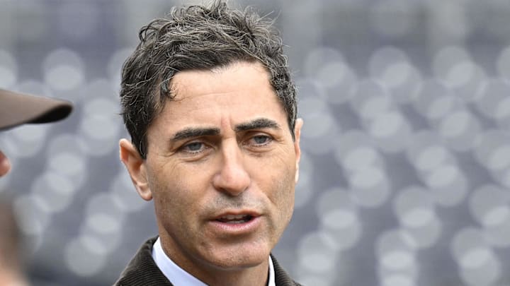 Mar 27, 2025; San Diego, California, USA; San Diego Padres general manager A.J. Preller looks on before an Opening Day baseball game between the San Diego Padres and the Atlanta Braves at Petco Park. Mandatory Credit: Denis Poroy-Imagn Images
Mar 27, 2025; San Diego, California, USA; San Diego Padres general manager A.J. Preller looks on before an Opening Day baseball game between the San Diego Padres and the Atlanta Braves at Petco Park. Mandatory Credit: Denis Poroy-Imagn Images