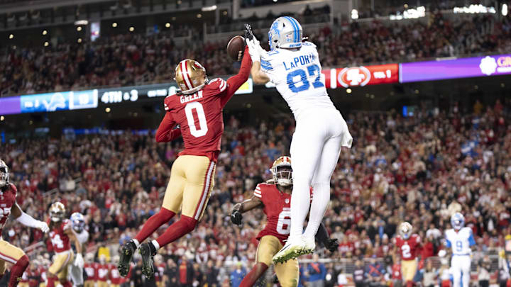 December 30, 2024; Santa Clara, California, USA; San Francisco 49ers cornerback Renardo Green (0) deflects the football intended for Detroit Lions tight end Sam LaPorta (87) in the endzone during the second quarter at Levi's Stadium. Mandatory Credit: Kyle Terada-Imagn Images December 30, 2024; Santa Clara, California, USA; San Francisco 49ers cornerback Renardo Green (0) deflects the football intended for Detroit Lions tight end Sam LaPorta (87) in the endzone during the second quarter at Levi's Stadium. Mandatory Credit: Kyle Terada-Imagn Images