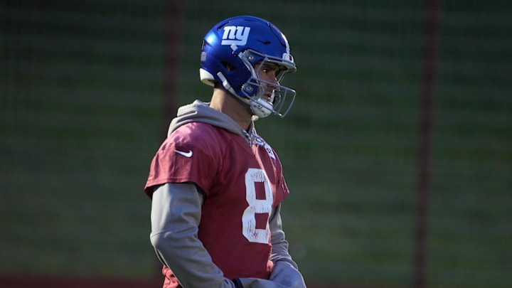 Nov 8, 2024; Munich, Germany; New York Giants quarterback Daniel Jones (8) during practice at the FC Bayern Munchen training grounds at Sabener Strasse. Nov 8, 2024; Munich, Germany; New York Giants quarterback Daniel Jones (8) during practice at the FC Bayern Munchen training grounds at Sabener Strasse.
