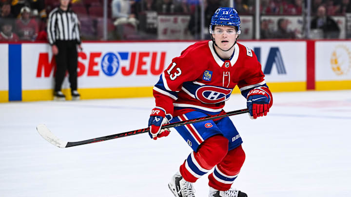Mar 17, 2026; Montreal, Quebec, CAN; Montreal Canadiens right wing Cole Caufield (13) skates against the Boston Bruins during overtime at Bell Centre. Mandatory Credit: David Kirouac-Imagn Images Mar 17, 2026; Montreal, Quebec, CAN; Montreal Canadiens right wing Cole Caufield (13) skates against the Boston Bruins during overtime at Bell Centre. Mandatory Credit: David Kirouac-Imagn Images