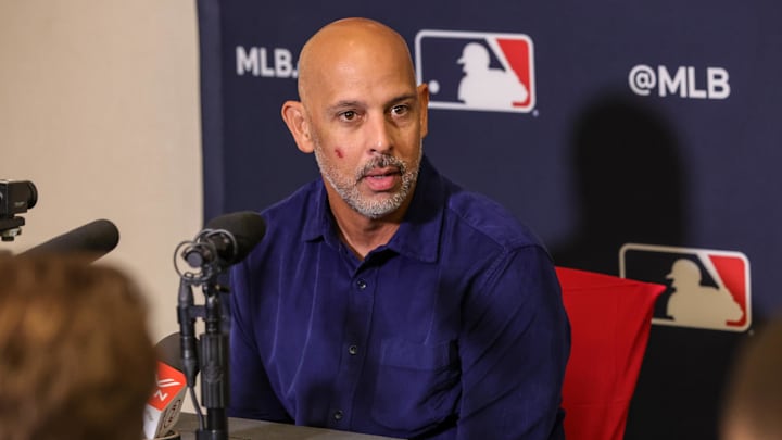 Dec 9, 2025; Orlando, FL, USA; Boston Red Sox manager Alex Cora speaks with the media during the 2025 MLB Winter Meetings at Signia by Hilton Hotel. Mandatory Credit: Mike Watters-Imagn Images