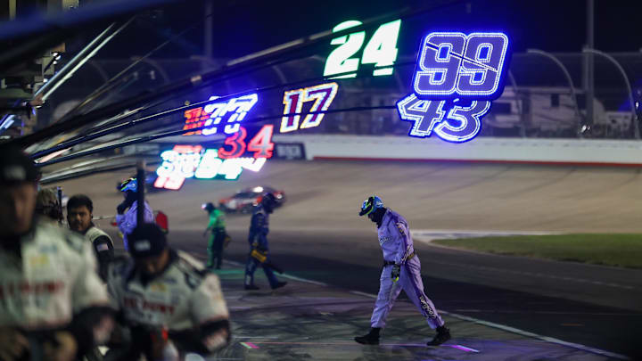 Jun 1, 2025; Lebanon, Tennessee, USA; General view of pit row during the Cracker Barrel 400 at Nashville Superspeedway.