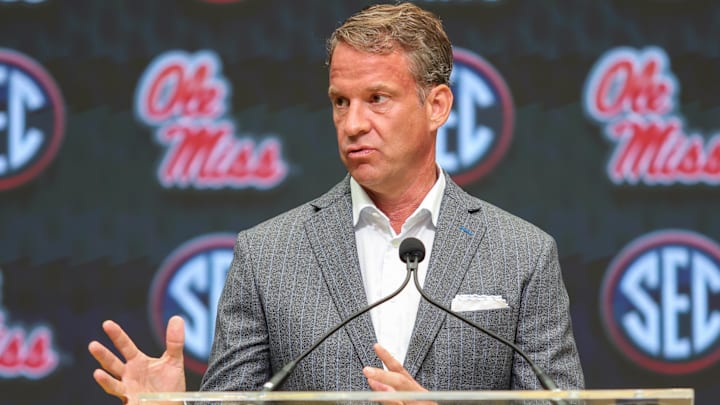 Jul 14, 2025; Atlanta, GA, USA; Ole Miss Rebels head coach Lane Kiffin speaks to the media during SEC Media Day at Omni Atlanta Hotel. Mandatory Credit: Jordan Godfree-Imagn Images