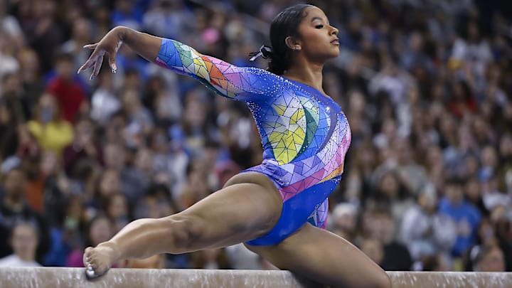 UCLA gymnast Jordan Chiles competes on the balance beam during a NCAA gymnastics meet against Penn State at Pauley Pavilion presented by Wesco.