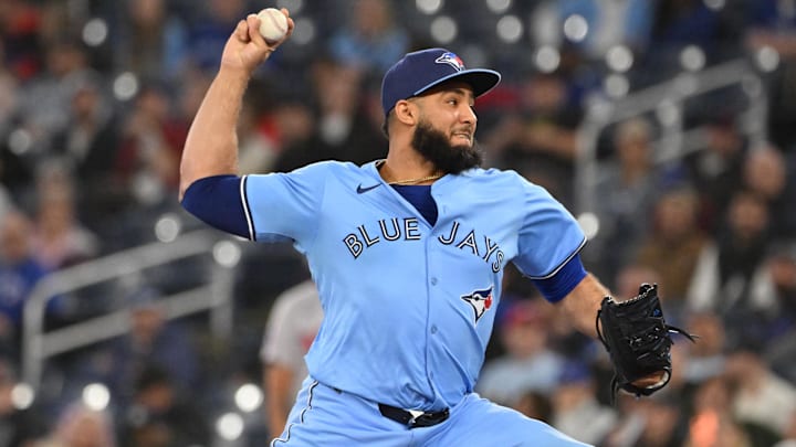 Toronto Blue Jays relief pitcher Yimi Garcia delivers a pitch against the Boston Red Sox in the ninth inning of a May 2025 game at Rogers Centre.