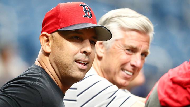 Jul 22, 2019; St. Petersburg, FL, USA; Boston Red Sox manager Alex Cora (20) and president of baseball operations Dave Dombrowski prior to the game against the Tampa Bay Rays at Tropicana Field. Mandatory Credit: Kim Klement-USA TODAY Sports Jul 22, 2019; St. Petersburg, FL, USA; Boston Red Sox manager Alex Cora (20) and president of baseball operations Dave Dombrowski prior to the game against the Tampa Bay Rays at Tropicana Field. Mandatory Credit: Kim Klement-USA TODAY Sports