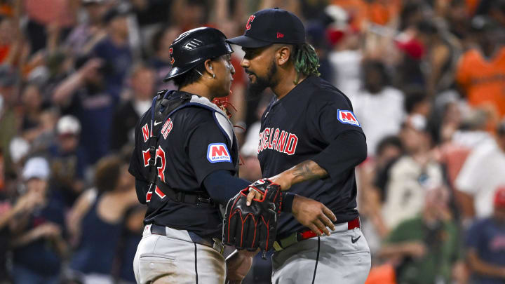 Jun 25, 2024; Baltimore, Maryland, USA;  Cleveland Guardians pitcher Emmanuel Clase (48) celebrates with Cleveland Guardians catcher Bo Naylor (23) after the game against the Baltimore Orioles at Oriole Park at Camden Yards. Mandatory Credit: Tommy Gilligan-USA TODAY Sports