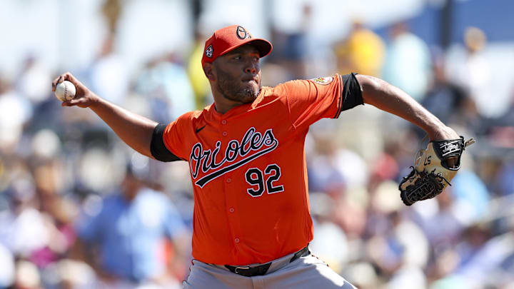 Mar 15, 2024; Port Charlotte, Florida, USA;  Baltimore Orioles pitcher Albert Suarez (92) throws a