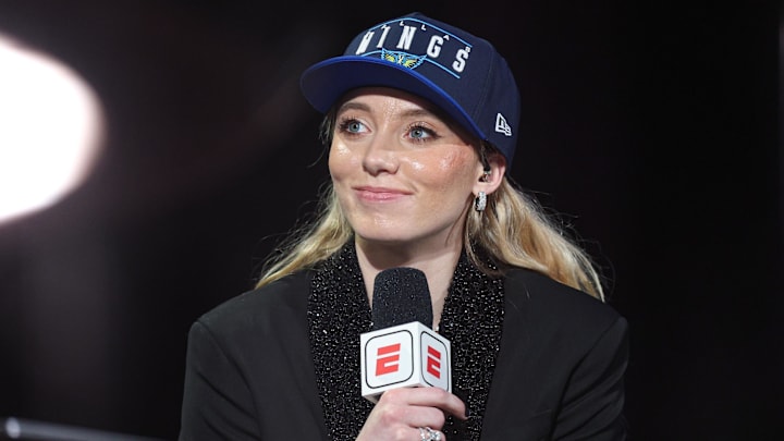 Apr 14, 2025; New York, New York, USA; Paige Bueckers is interviewed by ESPN after being selected with the number one overall pick to the Dallas Wings in the 2025 WNBA Draft at The Shed at Hudson Yards. Mandatory Credit: Vincent Carchietta-Imagn Images