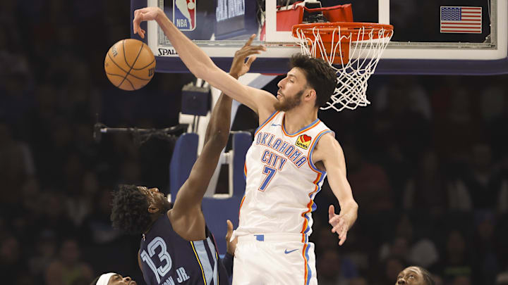 Dec 18, 2023; Oklahoma City, Oklahoma, USA; Oklahoma City Thunder forward Chet Holmgren (7) blocks a shot by Memphis Grizzlies forward Jaren Jackson Jr. (13) during the first quarter at Paycom Center. Mandatory Credit: Alonzo Adams-Imagn Images