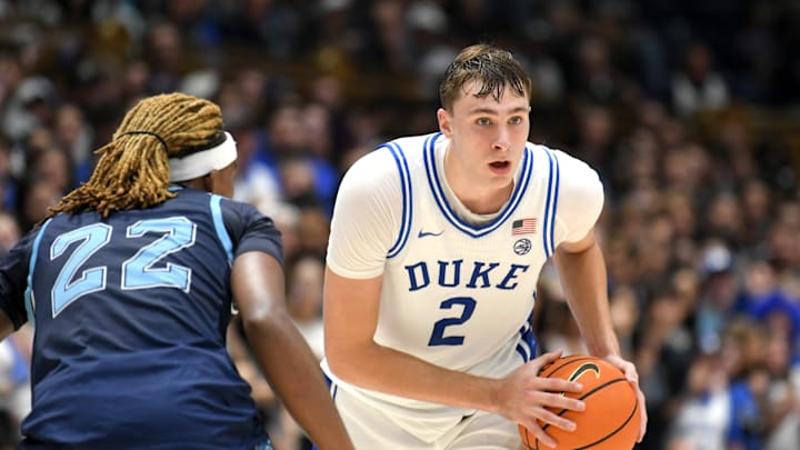 Nov 4, 2024; Durham, North Carolina, USA; Duke Blue Devils guard Cooper Flagg (2) looks for an opening to pass during the second half against the Maine Black Bears at Cameron Indoor Stadium. Mandatory Credit: Zachary Taft-Imagn Images