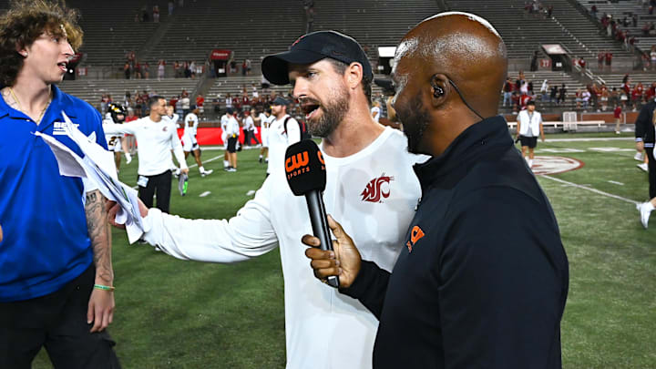 Aug 30, 2025; Pullman, Washington, USA; Washington State Cougars head coach Jimmy Rogers is interviewed at after a game against the Idaho Vandals at Gesa Field at Martin Stadium. Mandatory Credit: James Snook-Imagn Images