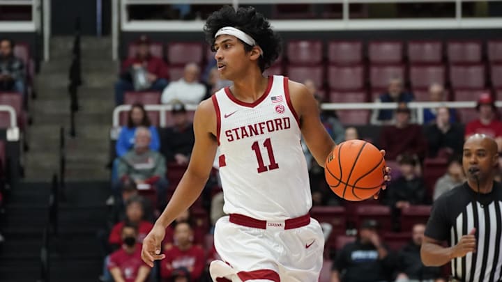 Dec 17, 2025; Stanford, California, USA;  Stanford Cardinal guard Ryan Agarwal (11) dribbles upcourt against the Texas-Arlington Mavericks in the first half at Maples Pavilion. Mandatory Credit: David Gonzales-Imagn Images