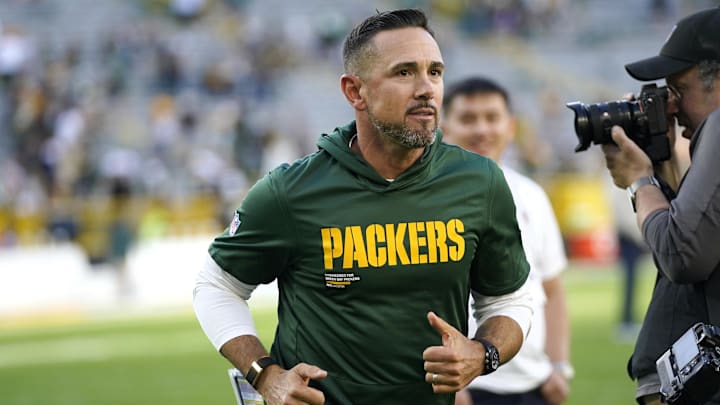 Aug 23, 2025; Green Bay, Wisconsin, USA; Green Bay Packers Head Coach Matt LaFleur runs off the field following a 20-7 win against the Seattle Seahawks at Lambeau Field. Mandatory Credit: Kayla Wolf-Imagn Images