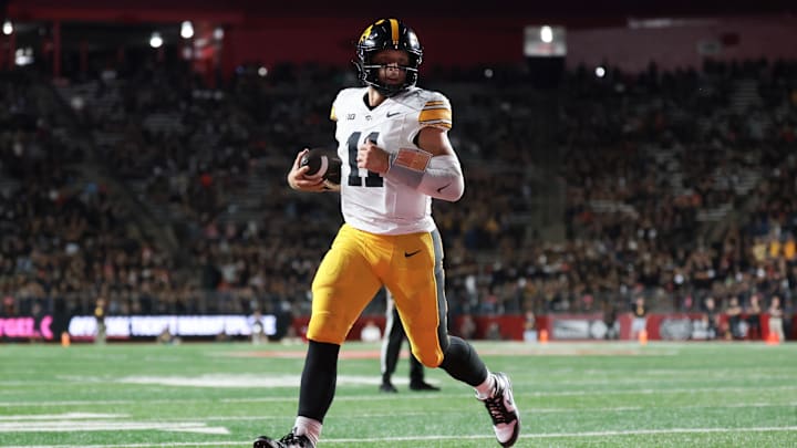 Sep 19, 2025; Piscataway, New Jersey, USA; The Wisconsin Badgers could face an Iowa Hawkeyes team without injured quarterback Mark Gronowski (11) in Week 7.