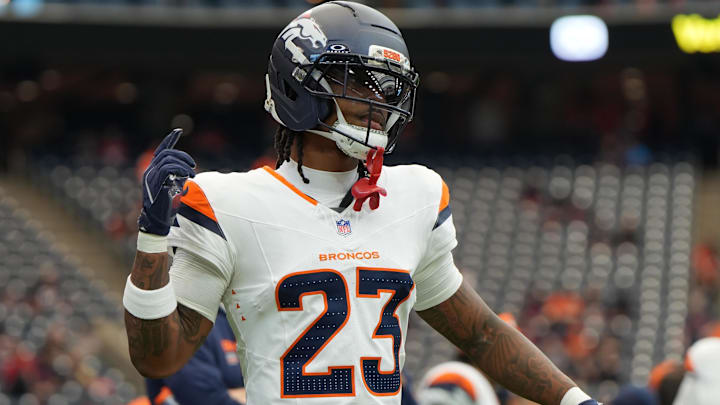 Nov 2, 2025; Houston, Texas, USA; Denver Broncos cornerback Jahdae Barron (23) warms up before a game against the Houston Texans at NRG Stadium. 