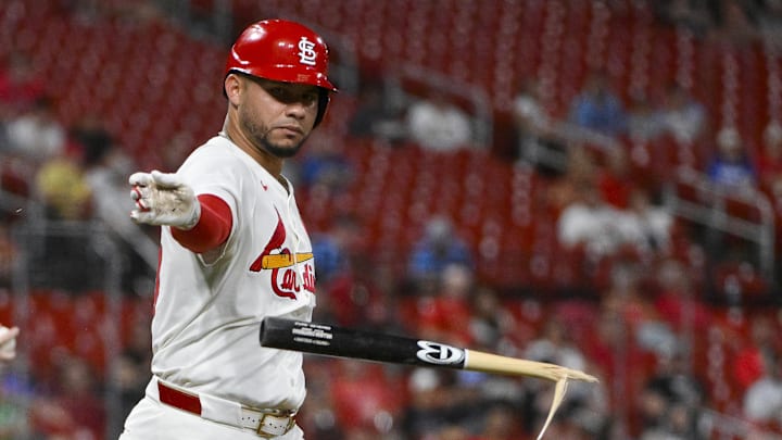 Aug 12, 2025; St. Louis, Missouri, USA;  St. Louis Cardinals first baseman Willson Contreras (40) tosses his bat after breaking it over his knee after he was hit by a pitch from Colorado Rockies starting pitcher Kyle Freeland (not pictured) during the fourth inning at Busch Stadium. Mandatory Credit: Jeff Curry-Imagn Images