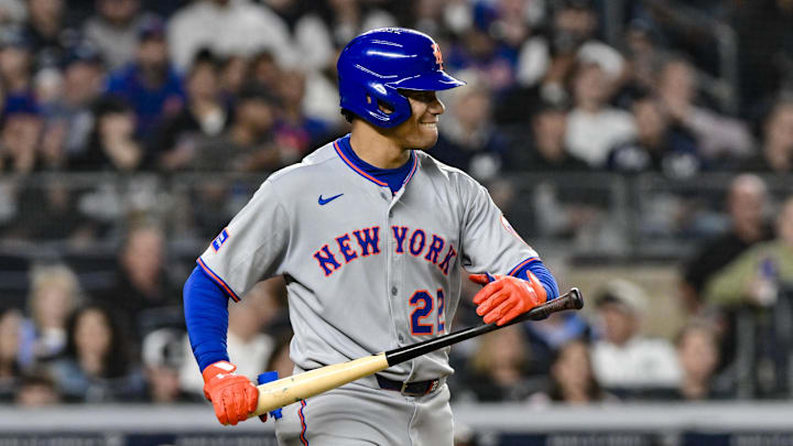 New York Mets outfielder Juan Soto reacts after a walk against the New York Yankees