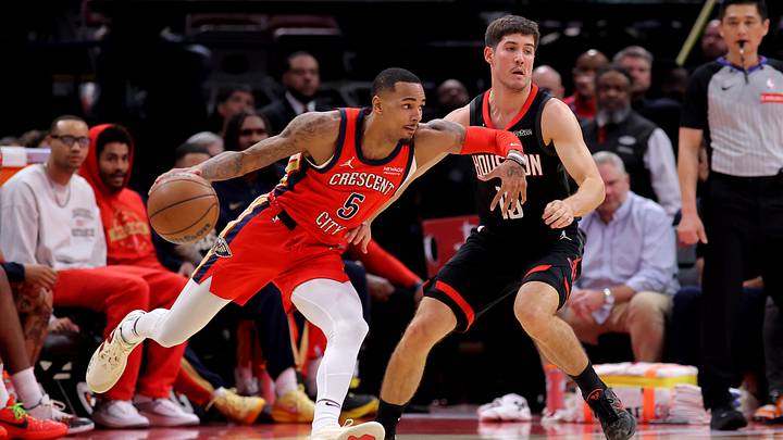 Mar 13, 2026; Houston, Texas, USA; New Orleans Pelicans guard Dejounte Murray (5) handles the ball against Houston Rockets guard Reed Sheppard (15) during the second quarter at Toyota Center. Mandatory Credit: Erik Williams-Imagn Images Mar 13, 2026; Houston, Texas, USA; New Orleans Pelicans guard Dejounte Murray (5) handles the ball against Houston Rockets guard Reed Sheppard (15) during the second quarter at Toyota Center. Mandatory Credit: Erik Williams-Imagn Images