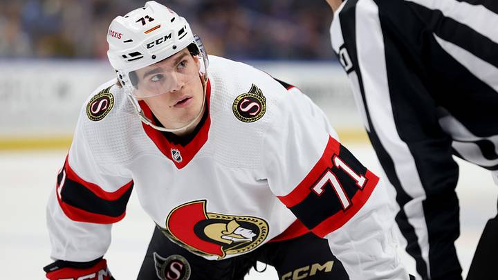 Mar 27, 2024; Buffalo, New York, USA;  Ottawa Senators center Ridly Greig (71) waits for the face-off during the second period against the Buffalo Sabres at KeyBank Center. Mandatory Credit: Timothy T. Ludwig-USA TODAY Sports
