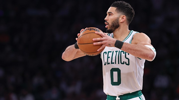 May 12, 2025; New York, New York, USA; Boston Celtics forward Jayson Tatum (0) looks to pass in the second half during game four of the second round for the 2025 NBA Playoffs against the New York Knicks at Madison Square Garden. Mandatory Credit: Vincent Carchietta-Imagn Images