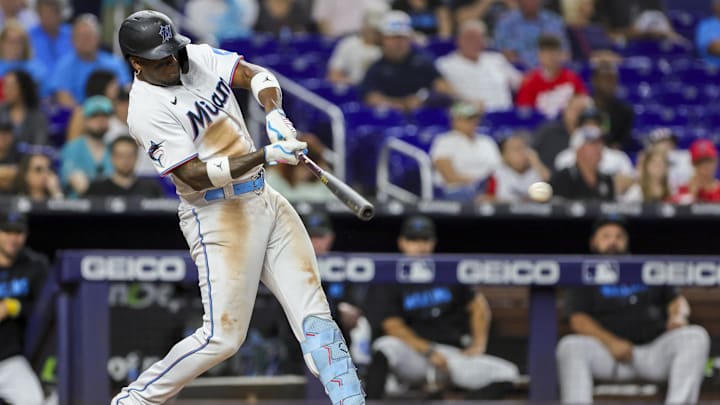 Sep 24, 2023; Miami, Florida, USA; Miami Marlins designated hitter Jorge Soler (12) hits a single