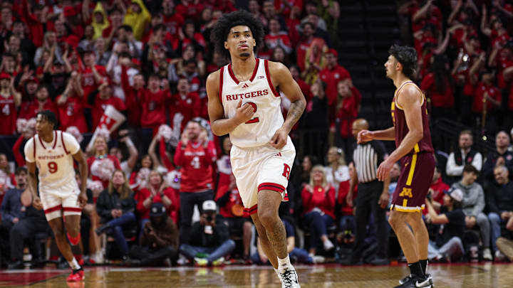 Mar 9, 2025; Piscataway, New Jersey, USA; Rutgers Scarlet Knights guard Dylan Harper (2) runs up court after a basket against the Minnesota Golden Gophers during the first half at Jersey Mike's Arena. Mandatory Credit: Vincent Carchietta-Imagn Images Mar 9, 2025; Piscataway, New Jersey, USA; Rutgers Scarlet Knights guard Dylan Harper (2) runs up court after a basket against the Minnesota Golden Gophers during the first half at Jersey Mike's Arena. Mandatory Credit: Vincent Carchietta-Imagn Images