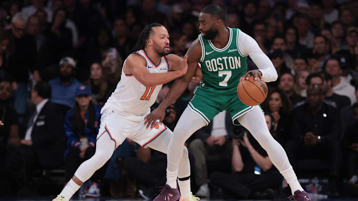 Oct 24, 2025; New York, New York, USA; Boston Celtics guard Jaylen Brown (7) is defended by New York Knicks guard Jalen Brunson (11) during the first half at Madison Square Garden. Mandatory Credit: Vincent Carchietta-Imagn Images Oct 24, 2025; New York, New York, USA; Boston Celtics guard Jaylen Brown (7) is defended by New York Knicks guard Jalen Brunson (11) during the first half at Madison Square Garden. Mandatory Credit: Vincent Carchietta-Imagn Images