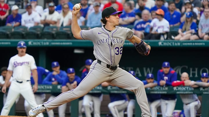May 12, 2025; Arlington, Texas, USA; Colorado Rockies pitcher Chase Dollander (32) throws to the plate during the first inning against the Texas Rangers at Globe Life Field. Mandatory Credit: Raymond Carlin III-Imagn Images